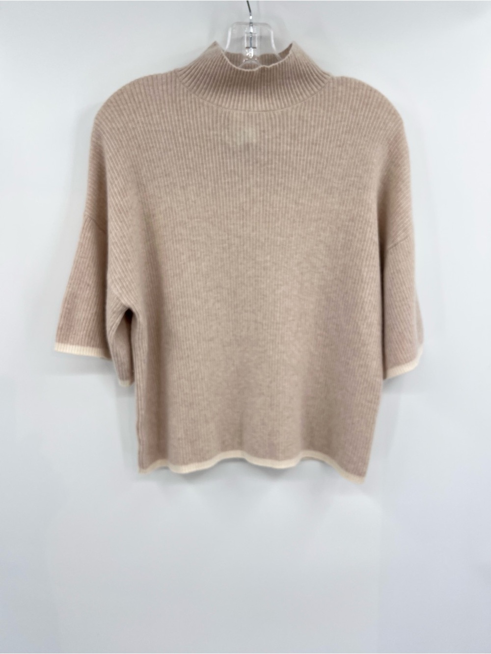 Frame cashmere Beige tipped Mock Neck Short Sleeve Sweater XS/TP